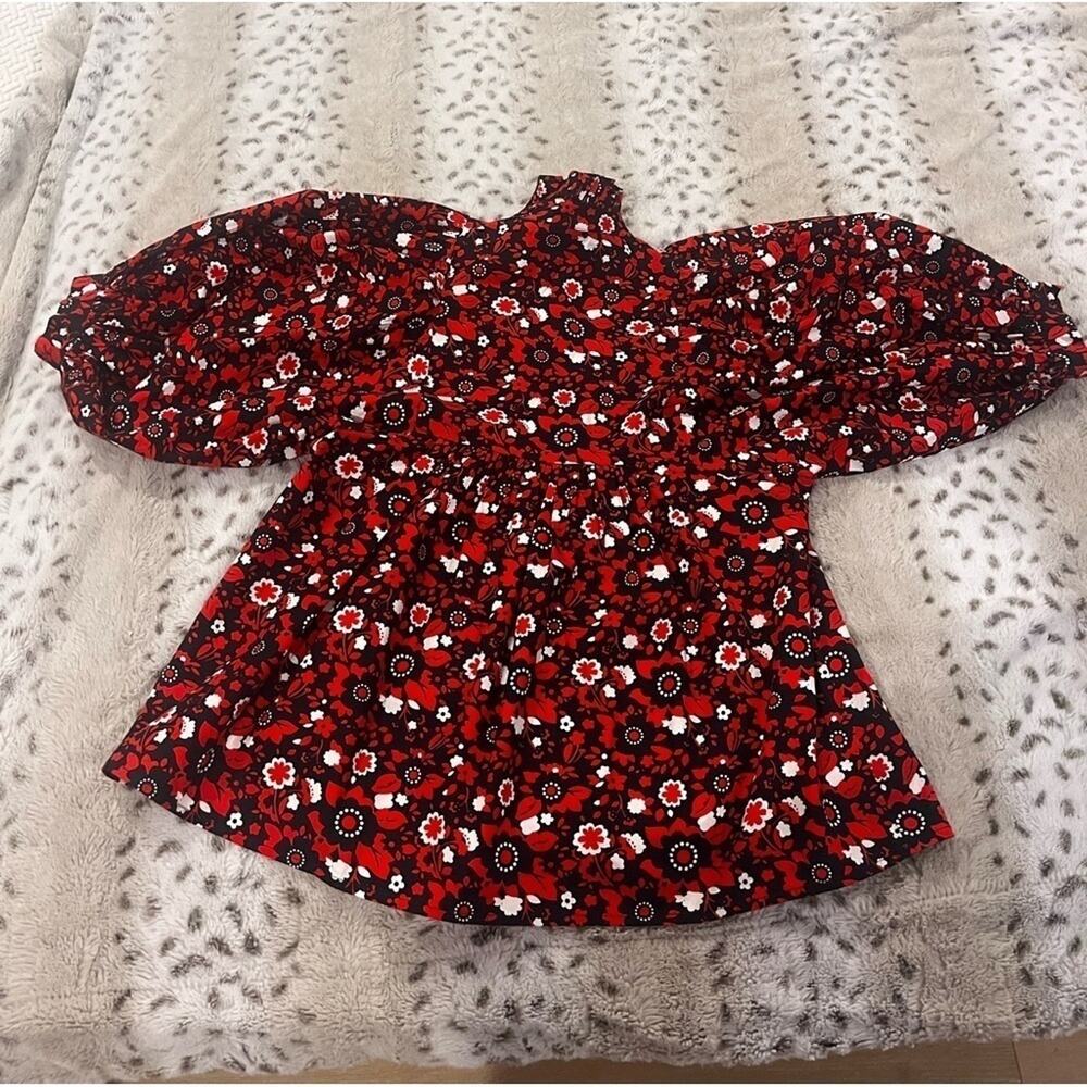 Never a Wallflower Red and Navy Floral Poplin High Neck Top - Picture 5 of 6